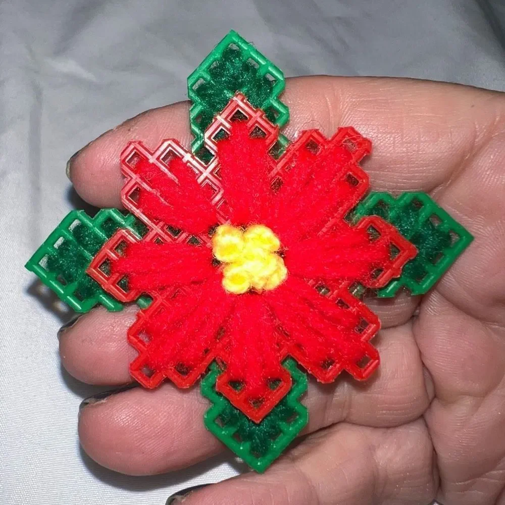 Vintage Handmade Yarn and Plastic Poinsettia Brooch